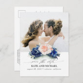 ネイビーブルーと桃の花の日付写真を保存 案内ポストカード (正面/裏面)