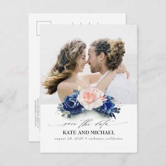 ネイビーブルーと桃の花の日付写真を保存 案内ポストカード (正面/裏面)