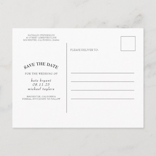 ネイビーブルーと桃の花の日付写真を保存 案内ポストカード (裏面)