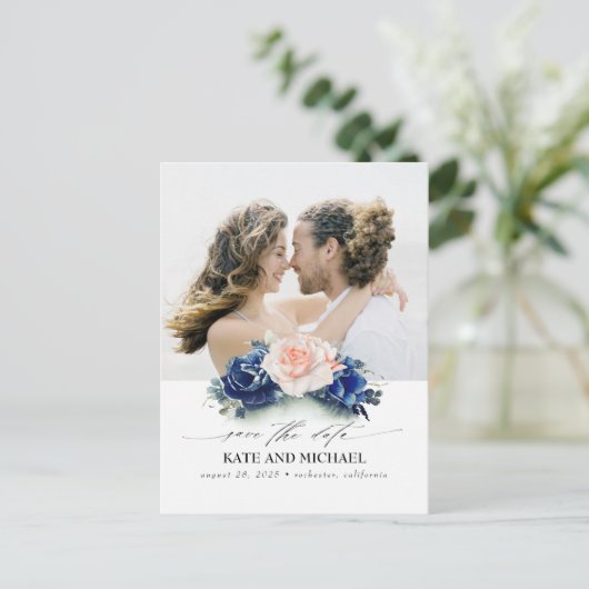 ネイビーブルーと桃の花の日付写真を保存 案内ポストカード (スタンド正面)