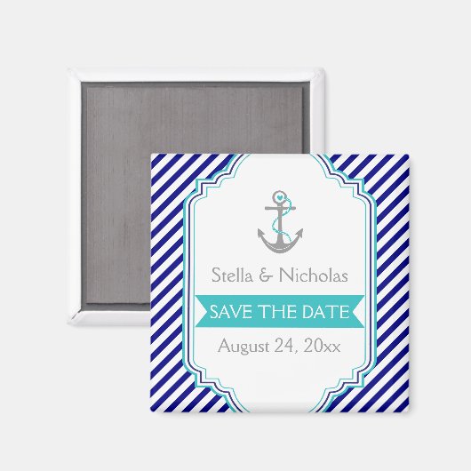 ネイビーブルーと水色の海軍風結婚式 Save the Date マグネット (正面/裏面)