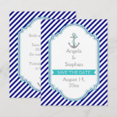 ネイビーブルーと水色の海軍風結婚式 Save the Date 招待状 (正面/裏面)