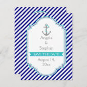 ネイビーブルーと水色の航海をテーマにした結婚式のSave the Date 招待状 (正面/裏面)