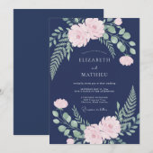 ネイビーブルーと淡紅の芍薬の結婚式 招待状 (正面/裏面)