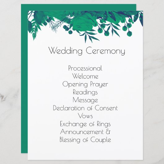 ネイビーブルーと深いグリーンボタニカル結婚式 プログラム (正面/裏面)