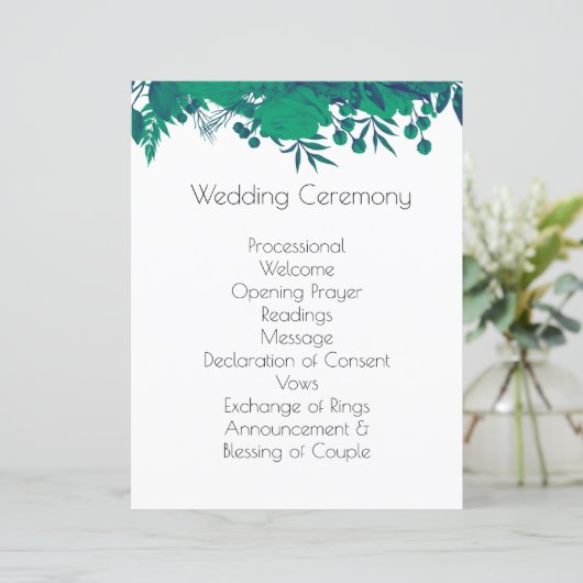 ネイビーブルーと深いグリーンボタニカル結婚式 プログラム (スタンド正面)