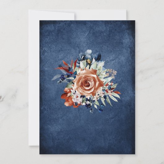 ネイビーブルーと焦げたオレンジ結婚の金ゴールドテンプレート 招待状 (裏面)