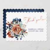 ネイビーブルーと焦げオレンジ結婚のサンキューカード 招待状 (正面/裏面)