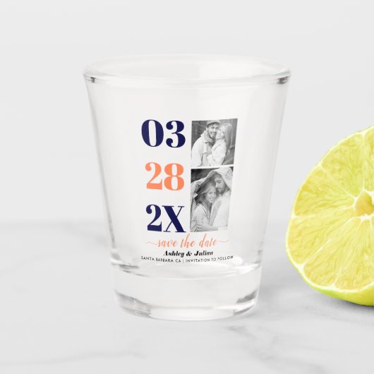 ネイビーブルーと珊瑚2枚の写真Save the Date ショットグラス (正面)