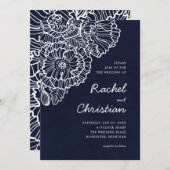 ネイビーブルーと白いラインアートポピーの花 招待状 (正面/裏面)