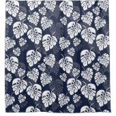 ネイビーブルーと白い熱帯地方の葉 |フローラ シャワーカーテン (正面)