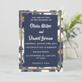 ネイビーブルーと白のエレガントな花のウェディング 招待状 (スタンド正面)