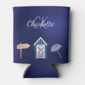 ネイビーブルーと白のビーチプールのモノグラム 缶クーラー (正面)