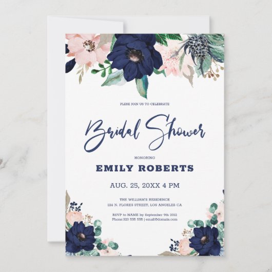 ネイビーブルーと白の海産の花開花 招待状 (正面)