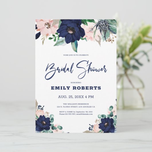 ネイビーブルーと白の海産の花開花 招待状 (スタンド正面)