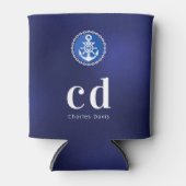 ネイビーブルーと白の航海士風イニシャル名 缶クーラー (正面)