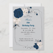 ネイビーブルーと白の花の幾何学模様の誕生日 招待状 (正面)