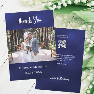 ネイビーブルーと白のQRコード付き結婚式の写真感謝カード 招待状