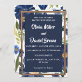 ネイビーブルーと白エレガントフローラ結婚ズ 招待状 (正面/裏面)