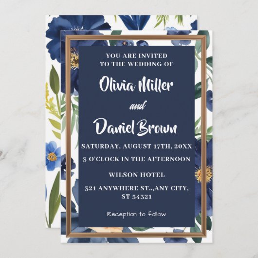 ネイビーブルーと白エレガントフローラ結婚ズ 招待状 (正面/裏面)