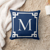 ネイビーブルーと白モノグラムのギリシャ鍵縁ど クッション (ブランケット)