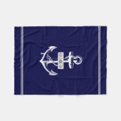 ネイビーブルーと白航海のいかりとライン フリースブランケット (正面(横))