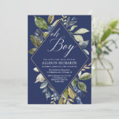 ネイビーブルーと緑の葉の男の子の赤ちゃんシャワー 招待状 (スタンド正面)