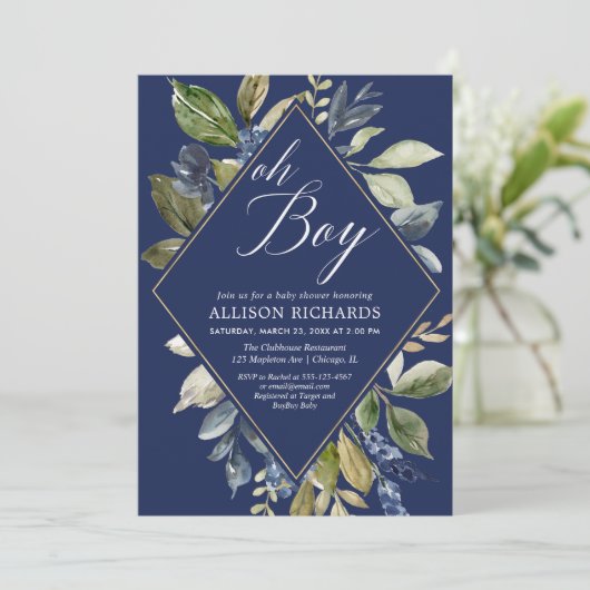 ネイビーブルーと緑の葉の男の子の赤ちゃんシャワー 招待状 (スタンド正面)