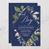 ネイビーブルーと緑の葉の男の子の赤ちゃんシャワー 招待状 (正面/裏面)