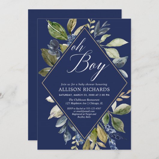 ネイビーブルーと緑の葉の男の子の赤ちゃんシャワー 招待状 (正面/裏面)