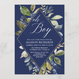 ネイビーブルーと緑の葉の男の子の赤ちゃんシャワー 招待状