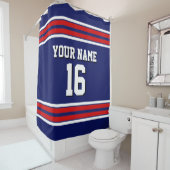 ネイビーブルーと赤いホワイトストライプスポーツジャージー シャワーカーテン (インサイチュ)
