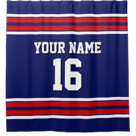 ネイビーブルーと赤いホワイトストライプスポーツジャージー シャワーカーテン