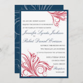 ネイビーブルーと赤い渦巻き結婚式招待状 招待状 (正面/裏面)