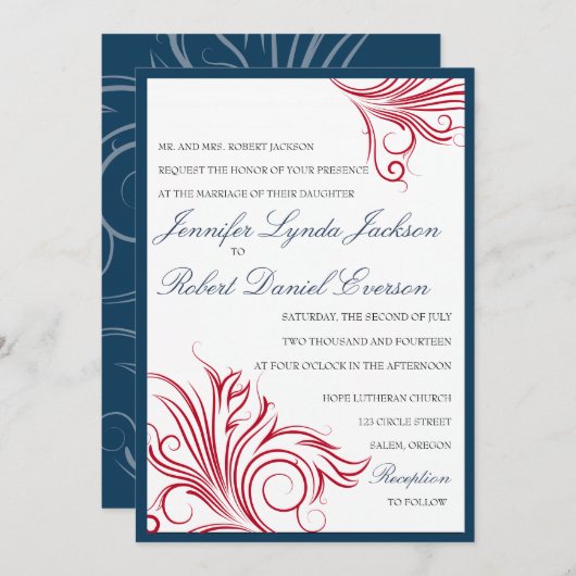 ネイビーブルーと赤い渦巻き結婚式招待状 招待状 (正面/裏面)