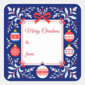 ネイビーブルーと赤のフォークアートクリスマスオーナメント スクエアシール (正面)