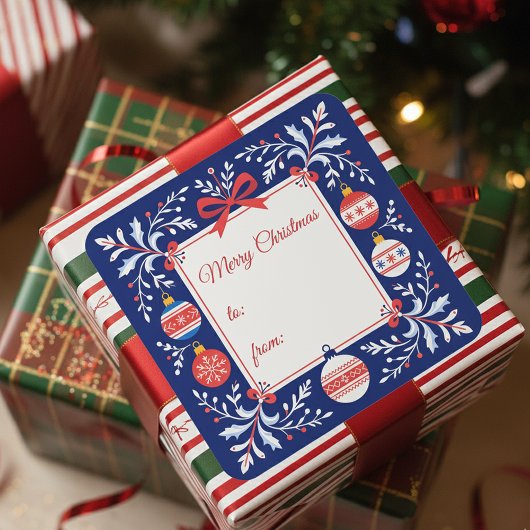 ネイビーブルーと赤のフォークアートクリスマスオーナメント スクエアシール