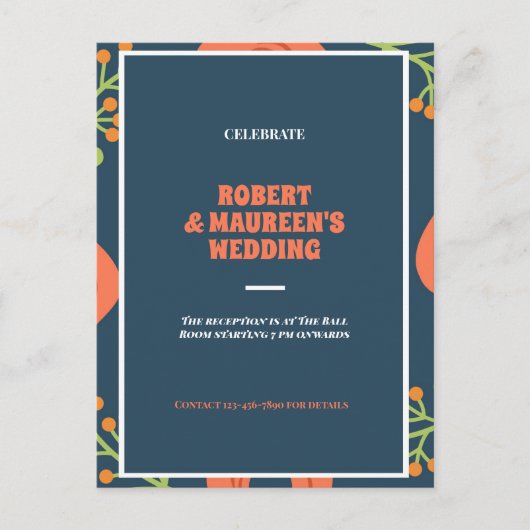 ネイビーブルーと赤の花柄の結婚披露宴 インビテーションポストカード (正面)