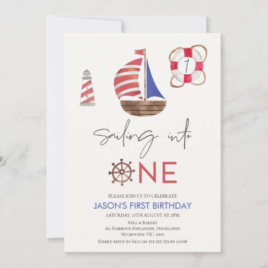 ネイビーブルーと赤航海の帆船1st誕生日 招待状 (正面)