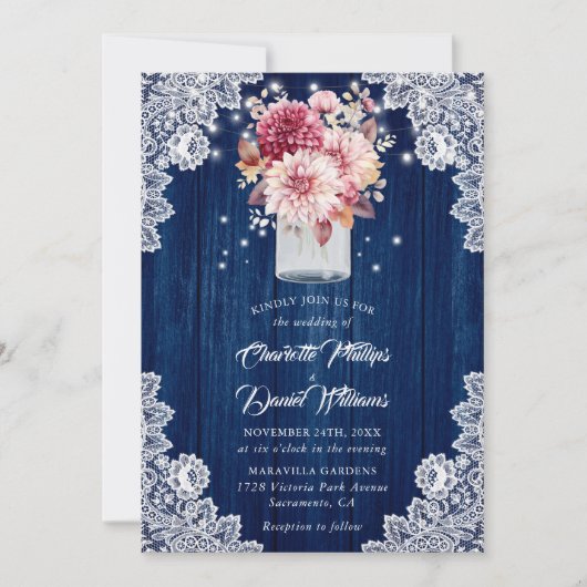 ネイビーブルーと赤面ウッドメイソンジャー結婚フローラ 招待状 (正面)