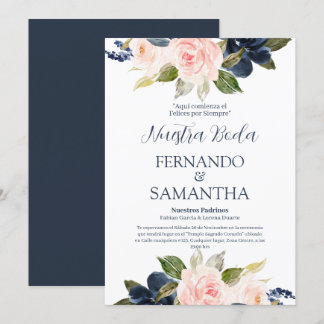 ネイビーブルーと赤面スペインのフローラ結婚ズ 招待状