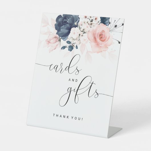 ネイビーブルーと赤面ピンクのウェディングカードとギフト 台座サイン (正面)