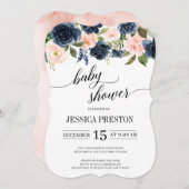 ネイビーブルーと赤面ピンクのフローラスクリプトベビーシャワー 招待状 (正面/裏面)