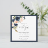 ネイビーブルーと赤面ピンクのフローラ水色スクリプト 招待状 (スタンド正面)