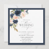 ネイビーブルーと赤面ピンクのフローラ水色スクリプト 招待状 (正面)