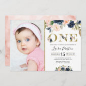 ネイビーブルーと赤面ピンクのフローラ1日目の誕生日写真 招待状 (正面/裏面)