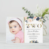 ネイビーブルーと赤面ピンクのフローラ2枚目の誕生日写真 招待状 (スタンド正面)