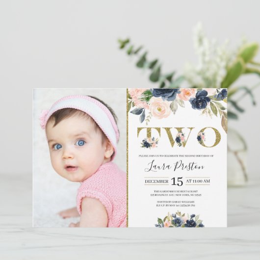ネイビーブルーと赤面ピンクのフローラ2枚目の誕生日写真 招待状 (スタンド正面)