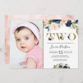 ネイビーブルーと赤面ピンクのフローラ2枚目の誕生日写真 招待状 (正面/裏面)