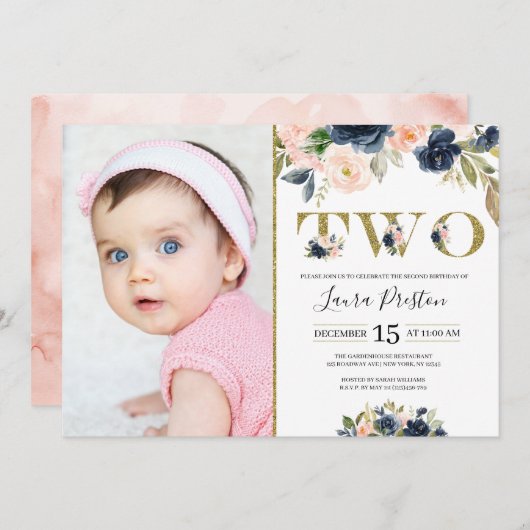 ネイビーブルーと赤面ピンクのフローラ2枚目の誕生日写真 招待状 (正面/裏面)